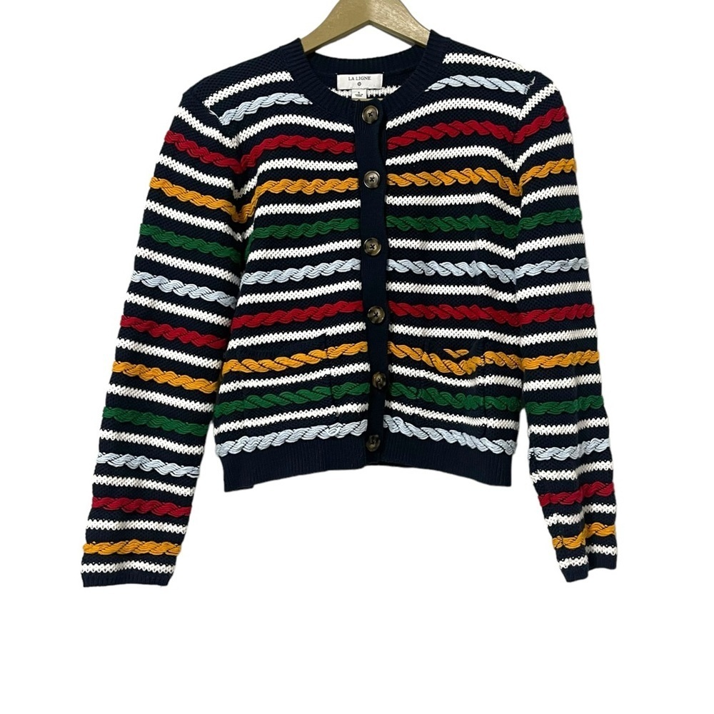 La Ligne Navy Cable-Knit Cardigan with Red, Green, Yellow & White Stripes